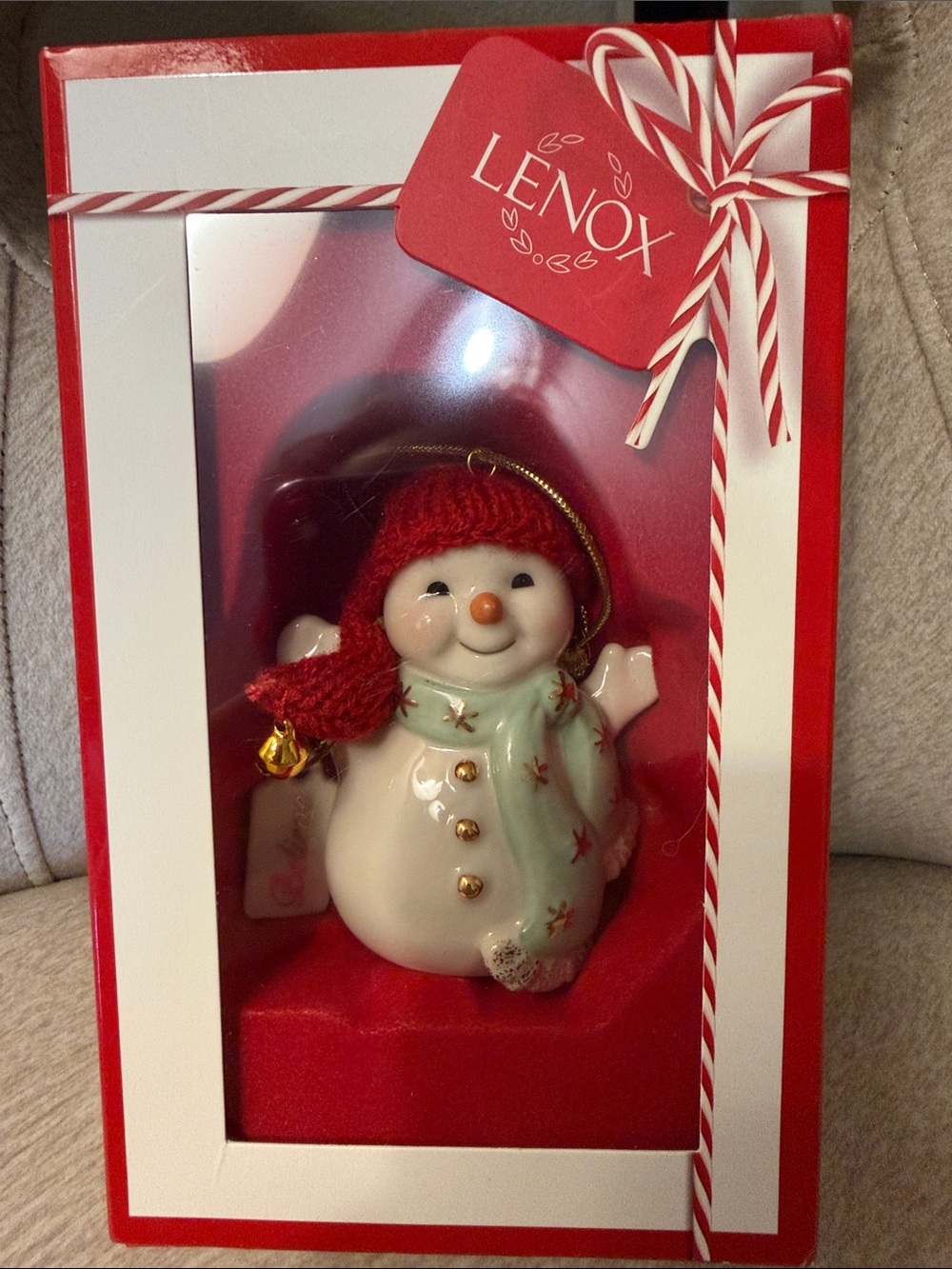 Lenox White Snowman Ornament with Red Hat and Mint Scarf